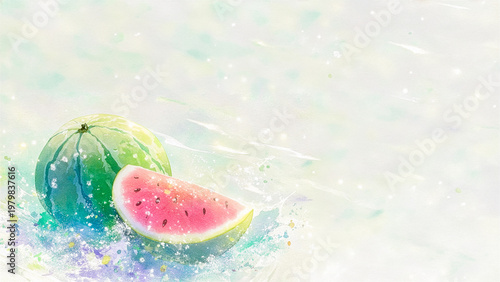 涼しげな水しぶきの中で瑞々しく描かれた、丸ごと一玉とカットされたスイカの優しいタッチの水彩画風イラスト
