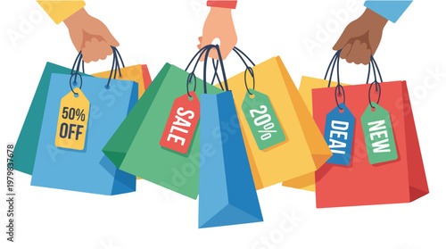Colorful Shopping Bags with Discount Tags Vector Illustration for Sales Promotions and Retail Offers