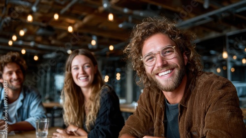 A joyful moment captured in a cafe, showcasing three friends laughing and enjoying each other's company amidst an inviting and warm ambiance, perfect for social connections.