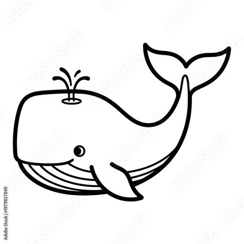 A simple black and white line art drawing of a cartoon whale spouting water from its blowhole, perfect for children's activities.