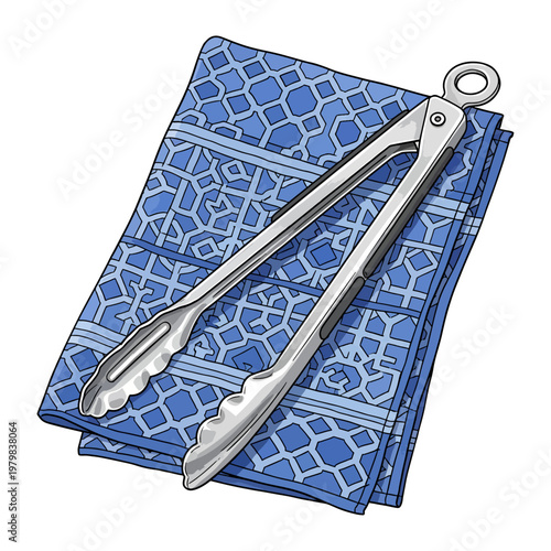 Stainless steel sewing scissors resting on blue hexagonal patterned fabric swatch