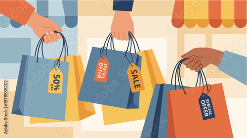 Colorful Shopping Bags with Sale Tags Illustration Vector Graphic for Discounts and Retail Promotions
