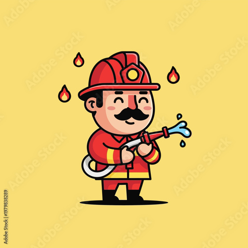 Cute Cartoon Firefighter Holding a Water Hose.