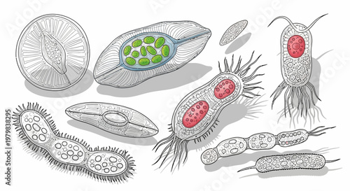 Collection of Diverse Microscopic Organisms and Bacteria Illustrations.