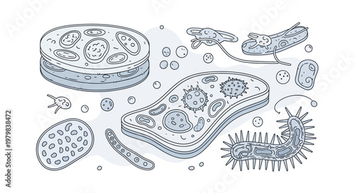 Collection of Diverse Microscopic Organisms and Cells Illustrated.