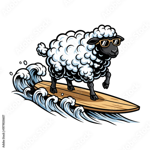 Cartoon sheep surfing on wooden board in ocean waves with sunglasses and cool attitude