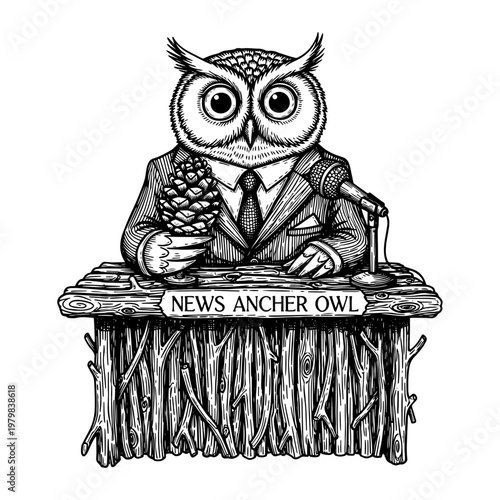 Cartoon news anchor owl in suit reading broadcast at wooden desk illustration