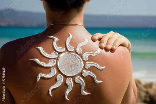 Woman's bare tanned back on a sunny beach with  sunscreen cream applied in a creative decorative sun shape, turquoise ocean and mountain background.