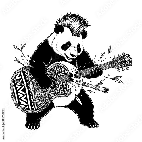 playful panda rockstar electric guitar illustration with spiky mohawk and musical notes