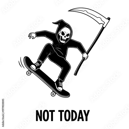 Halloween themed skateboarder with grim reaper costume and scythe defying death concept flat design