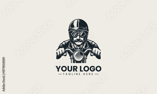 Motorcycle rider with helmet and mustache represents vintage biker identity and freedom concept in clean minimalist black vector illustration on white background