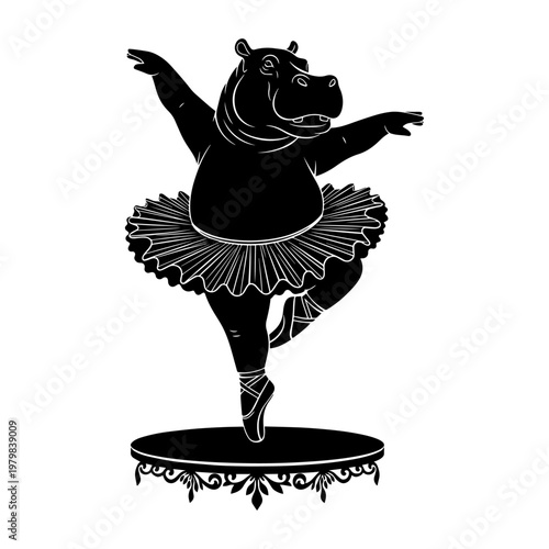 Black bear ballerina dancing en pointe on stage in elegant tutu and ballet slippers illustration