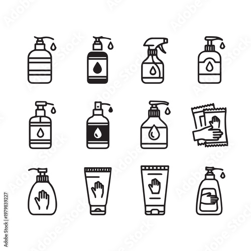 Hand Sanitizer Icons: Dispensers Sprays Wipes & Tubes | Minimalist Line Art