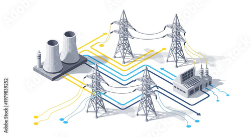 Industrial Power Generation and Distribution Network Illustration.