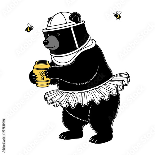 Cartoon bear in beekeeper suit holding honey jar with bees flying around in flat design