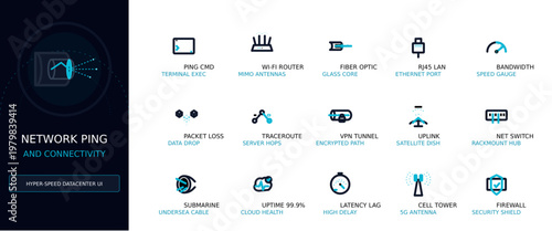 Network Ping and Connectivity Vector Icon Set, Minimalist Outline UI Elements for IT Infrastructure