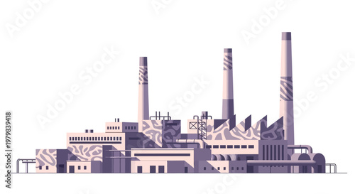 Industrial Power Plant with Tall Chimneys and Buildings.