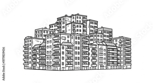 Sketch of a dense cluster of apartment buildings.