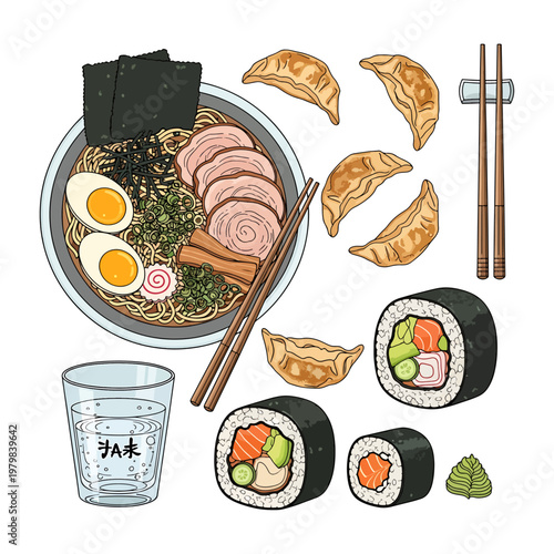 flat lay japanese breakfast set with ramen, sushi, dumplings, and chopsticks on light background