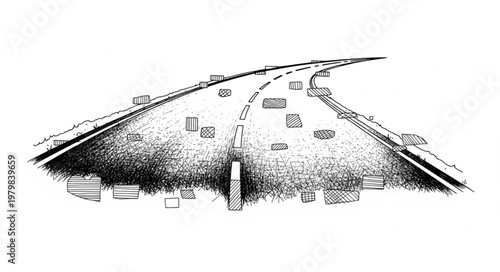 Sketch of a highway with cars and signs.