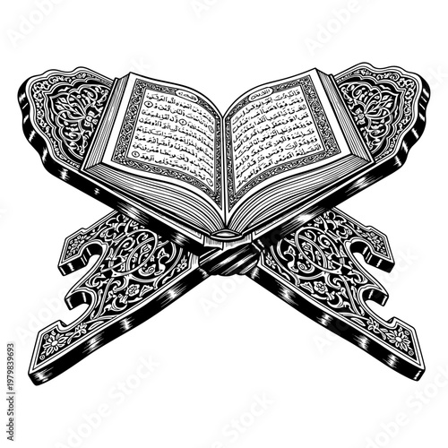 Open holy quran book with intricate islamic geometric pattern design on dark fabric t-shirt mockup