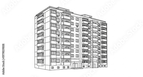 Sketch of a large apartment building with many windows.