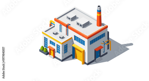 Isometric Factory Building with Chimney and Loading Dock.