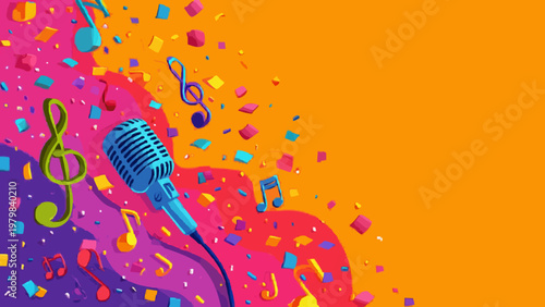 Vibrant Karaoke Night Background with Vintage Microphone and Notes