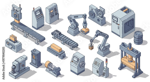 Isometric Industrial Factory Equipment Collection Set.