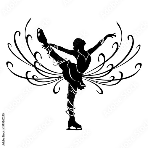 Elegant ice skater in dynamic pose with flowing motion lines, black and white vector illustration