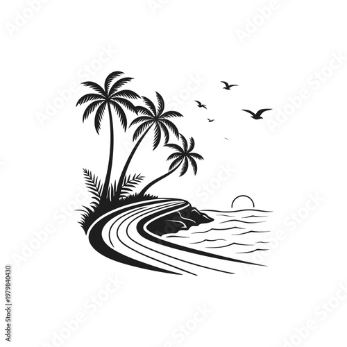 Tropical island road curving along the coast with palm trees and ocean sunset