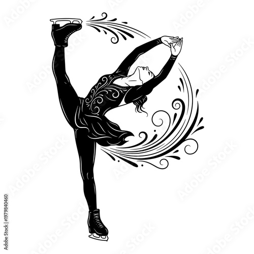 elegant female ice skater in dynamic split jump pose with motion swirls, black and white illustration
