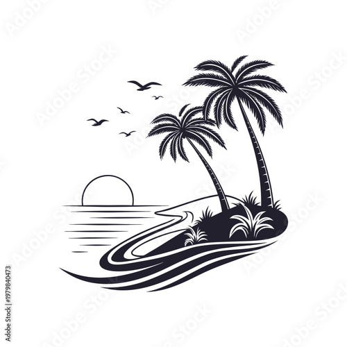 Silhouette of tropical island with palm trees and seagulls at sunset over ocean waves