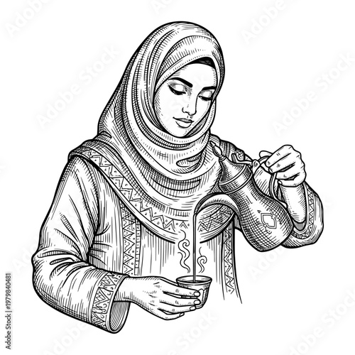 Young woman in traditional hijab holding and examining a blank white t-shirt sketch illustration