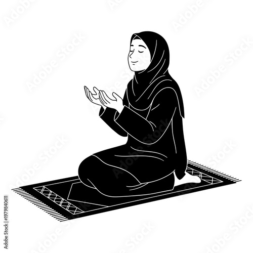 Young Muslim woman in hijab praying on patterned prayer mat at home, peaceful spiritual devotion