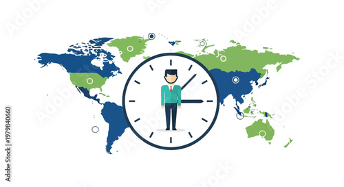 A vector illustration featuring a world map in blue and green with a large clock in the center containing a male figure.