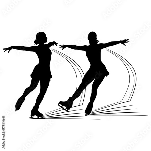 Silhouette of two ice skaters performing dynamic dance moves on rink with motion blur effect