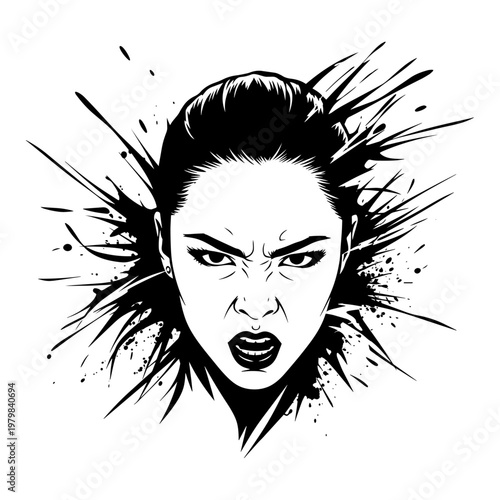 Angry punk woman with spiked hair in black ink illustration, fierce expression for edgy branding and music designs