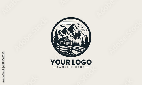 Rustic mountain cabin landscape vector logo is designed with pine trees and wooden fence for outdoor adventure branding