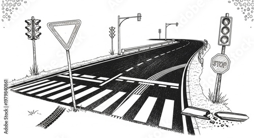 Road Intersection With Traffic Signals And Pedestrian Crossing.