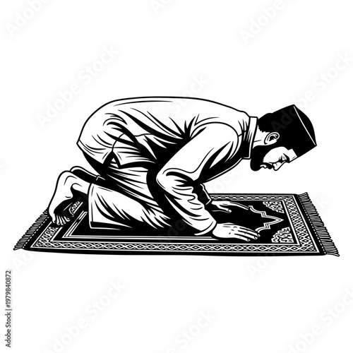 Man in suit praying on ornate prayer rug, minimalist devotion illustration