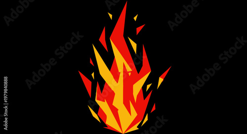 Abstract Geometric Fire Flame Icon, Red Orange Yellow on Black Background