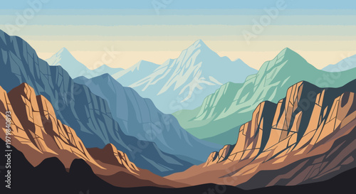 Majestic Mountain Range Peaks Under Clear Sky.