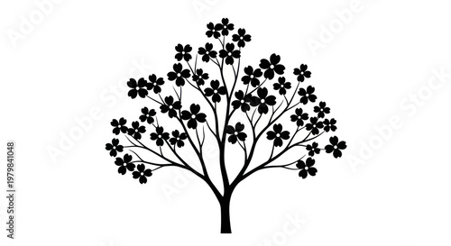 Black silhouette of a flowering tree with clover leaves on white background