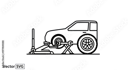 Car repair: vehicle lifted by jack and stand, tire removed, mechanic tool wrench