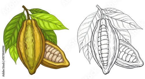 Cocoa Pods with Beans, Color and Outline Illustration