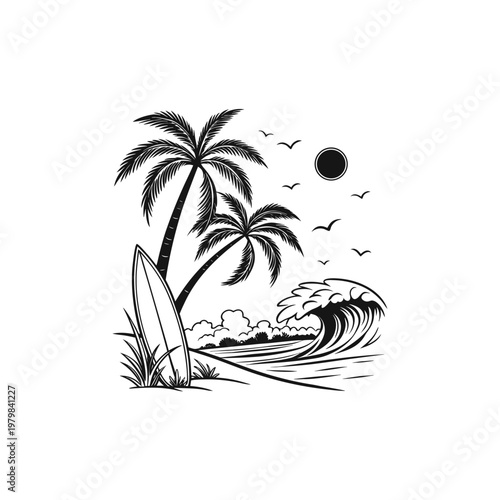 Black and white illustration of a surfboard leaning on palm trees with a large wave and sunny sky