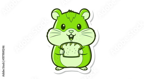 Cute green hamster eating toast, cartoon character, isolated on white background