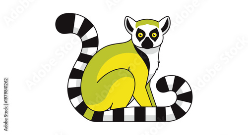 Cute Ring-Tailed Lemur Sitting, Cartoon Style, Isolated on White Background