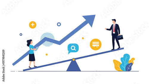 Business growth concept showing a professional man and woman on a giant seesaw balancing against a large blue rising arrow.